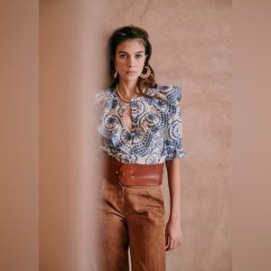 NEW Sézane South Blouse Ecru Blue Size 40